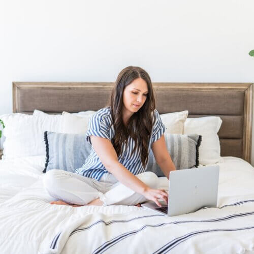 Southern Creative owner, Stephanie O'Keefe working on interior design website adding LTK on WordPress while working from home
